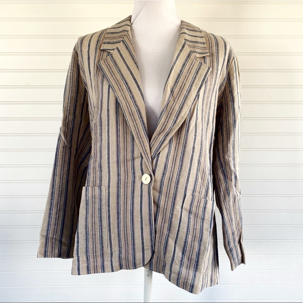 Norm Thompson Striped Blazer Size MP Blue Tan Single Button Lightweight Jacket